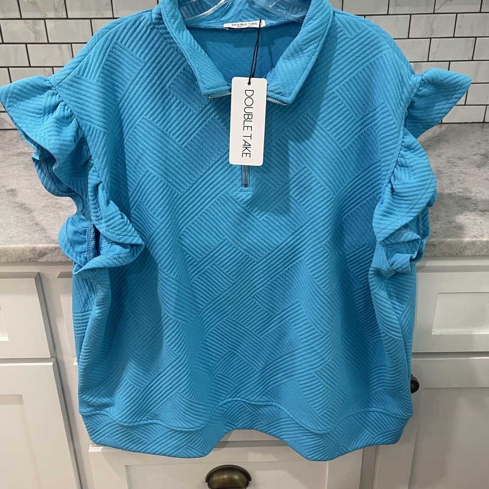 Double Take Top Womens 2XL Blue Textured Ruffle Sleeve Half Zip Polo Shirt NWT